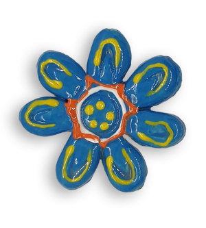 A blue daisy flower ceramic mosaic insert with hand-painted orange and yellow details.