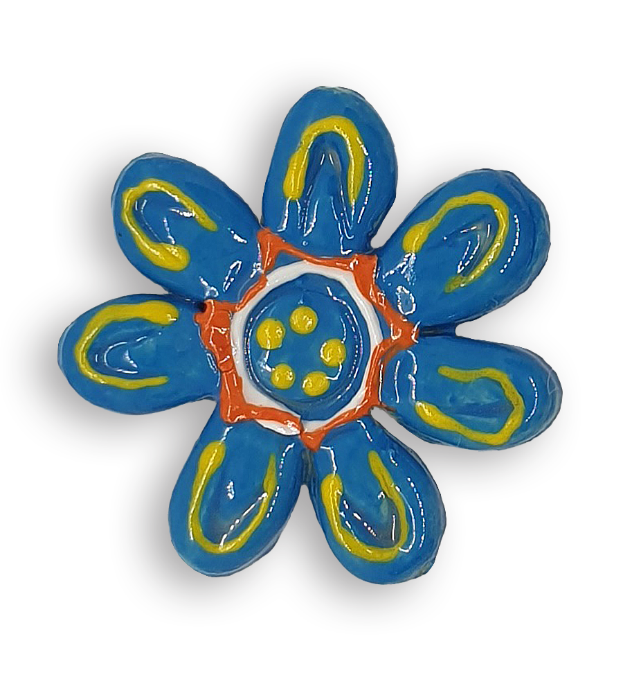 A blue daisy flower ceramic mosaic insert with hand-painted orange and yellow details.