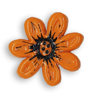 A bright orange daisy flower ceramic mosaic insert with hand-painted black details.