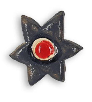 A grey star-shaped flower ceramic mosaic insert with hand-painted red details.