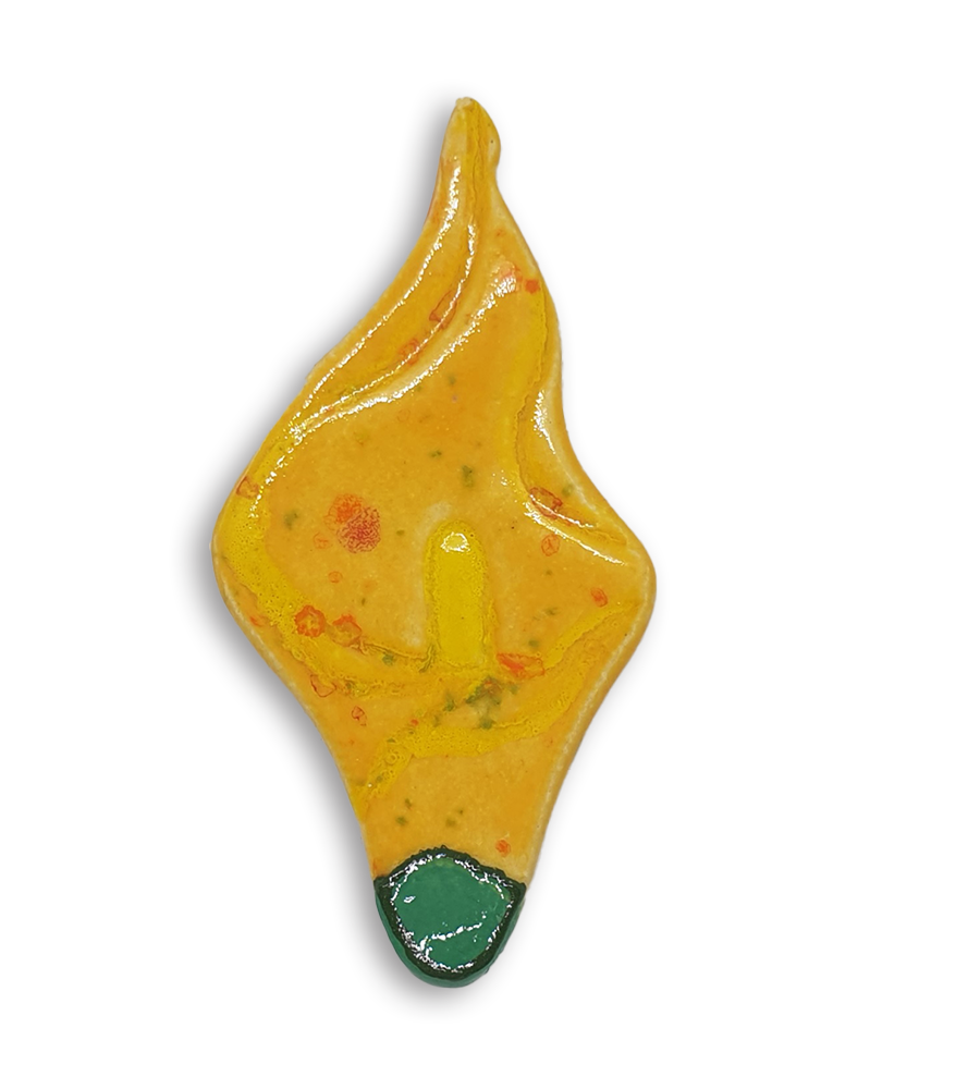 A yellow arum flower or calla lily ceramic mosaic insert with a green and orange speckled design.