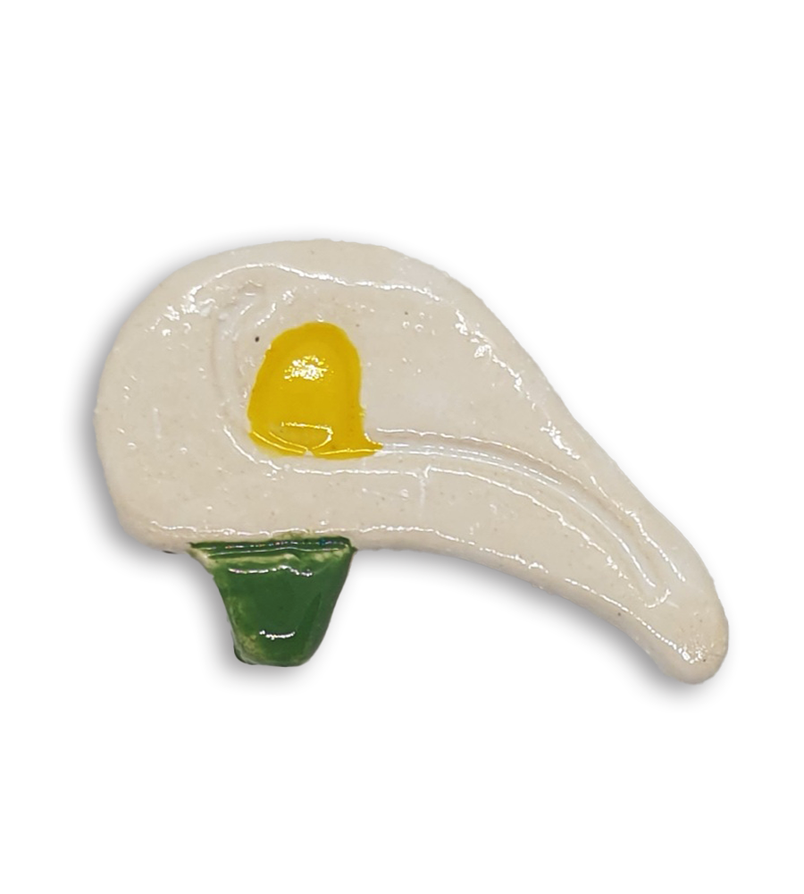 Side view of a white arum flower or calla lily ceramic mosaic insert.