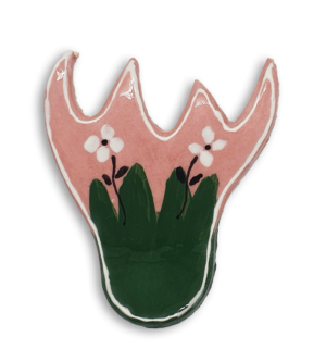 A pink and green bellflower ceramic mosaic insert with small white flowers.