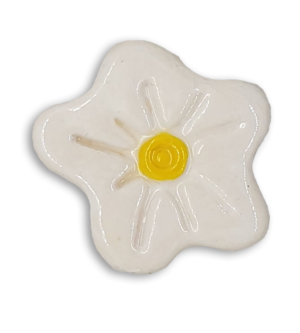 A simple white hand-painted anemone ceramic mosaic insert with a yellow centre.