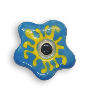 A turquoise blue hand-painted anemone ceramic mosaic insert with a black centre and a yellow design.