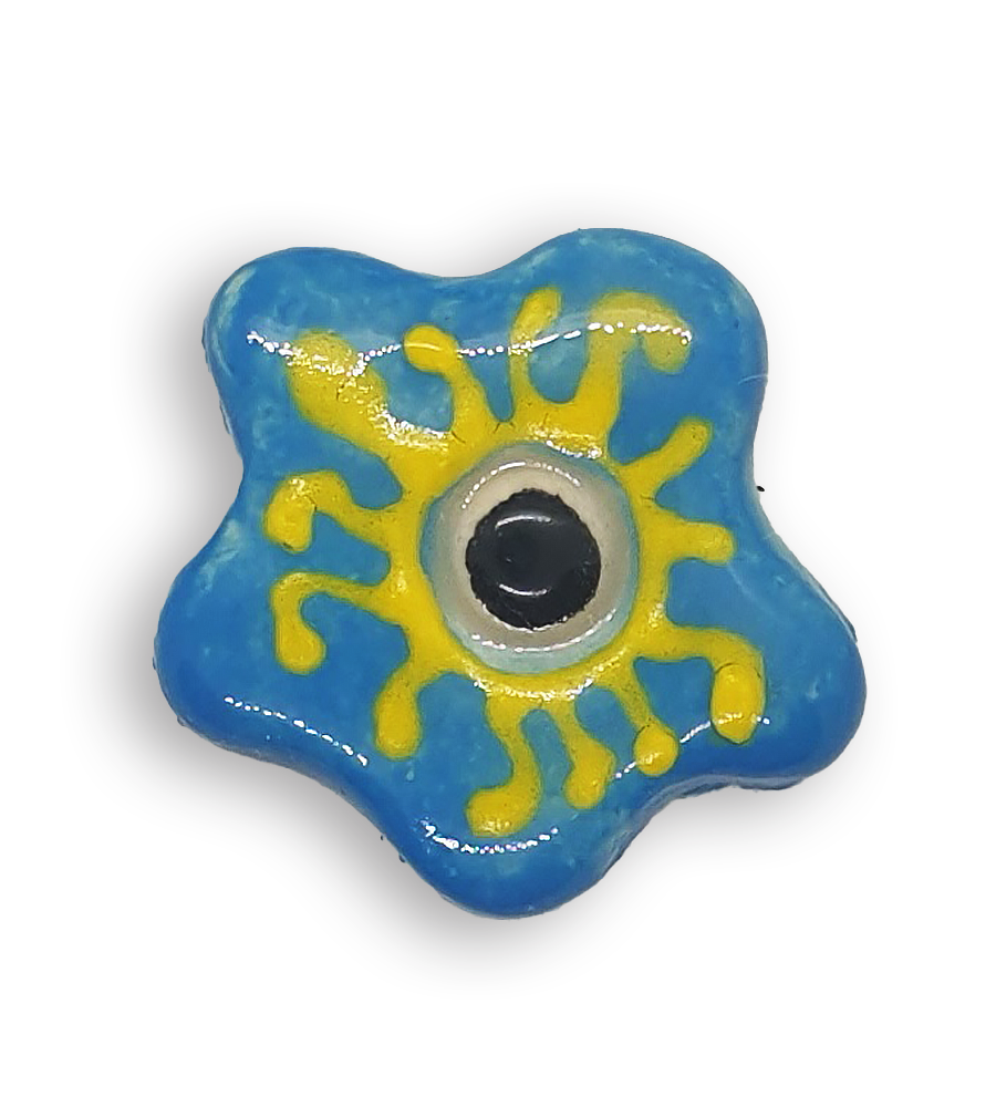 A turquoise blue hand-painted anemone ceramic mosaic insert with a black centre and a yellow design.