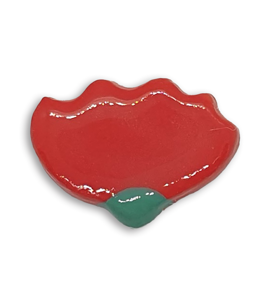Side view of a hand-painted bright red anemone flower ceramic mosaic insert.
