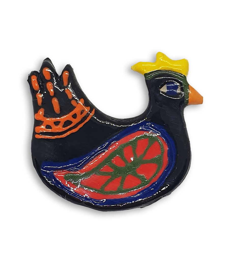A hand-painted black hen ceramic mosaic insert with red wings.