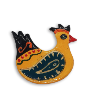 A hand-painted yellow hen ceramic mosaic insert with blue-green wings.