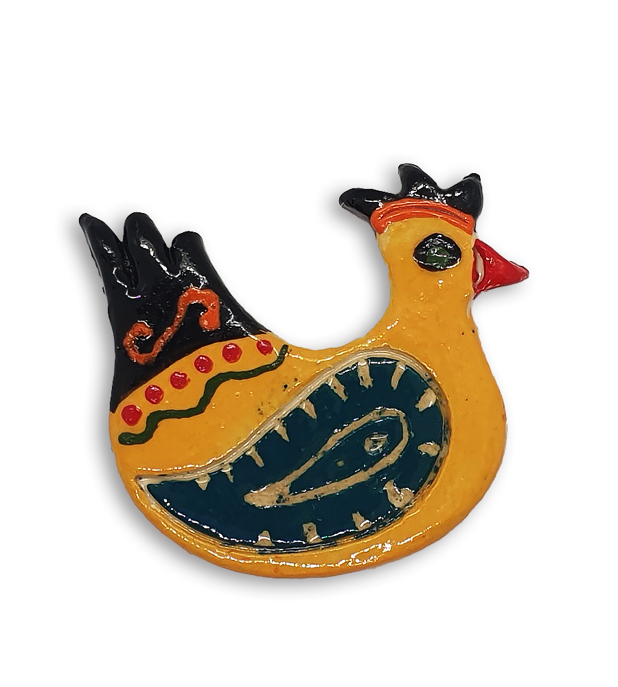 A hand-painted yellow hen ceramic mosaic insert with blue-green wings.