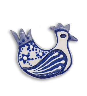 A hand-painted white and blue hen ceramic mosaic insert.