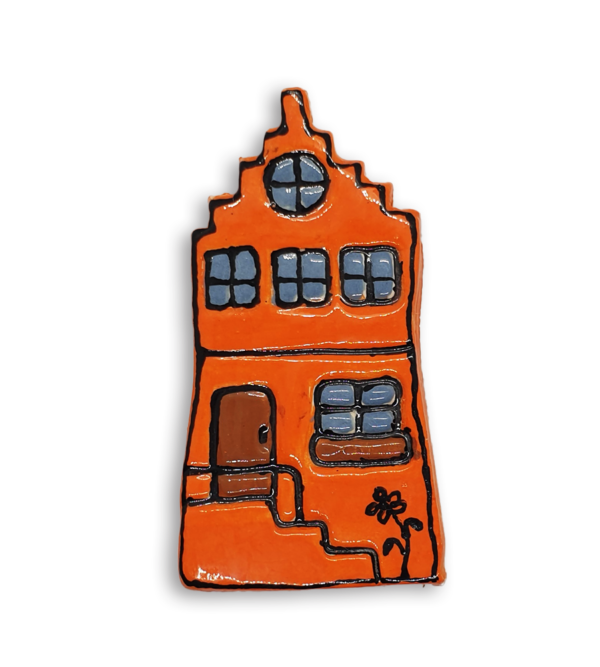 A hand-painted orange house ceramic mosaic insert with a rose window.