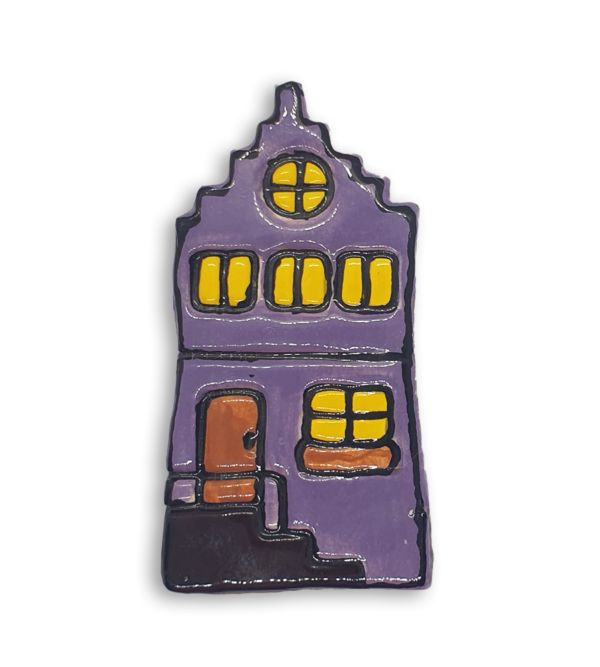 A hand-painted purple house ceramic mosaic insert with a rose window.