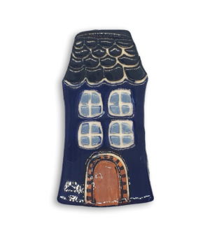 A hand-painted dark blue English cottage house ceramic mosaic insert with roof shingles design.