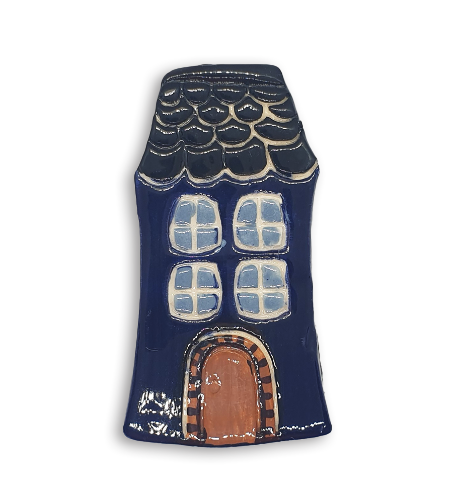 A hand-painted dark blue English cottage house ceramic mosaic insert with roof shingles design.