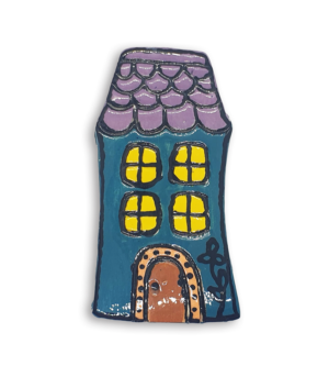 A hand-painted light blue English cottage house ceramic mosaic insert with purple roof shingles design.