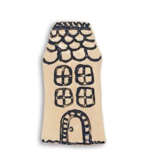 A hand-painted dark white English cottage house ceramic mosaic insert with roof shingles design.