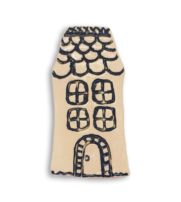 A hand-painted dark white English cottage house ceramic mosaic insert with roof shingles design.