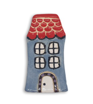 A hand-painted light blue English cottage house ceramic mosaic insert with red roof shingles design.