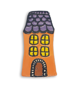 A hand-painted orange English cottage house ceramic mosaic insert with purple roof shingles design.