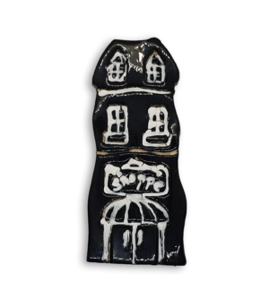 A hand-painted black house ceramic mosaic insert with an old fashioned Shoppe sign.