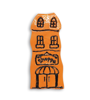 A hand-painted orange house ceramic mosaic insert with an old fashioned Shoppe sign.