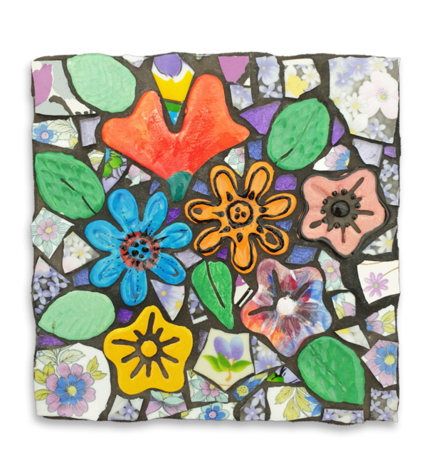 A mosaic depicting blue, yellow, pink and orange flower ceramic inserts.