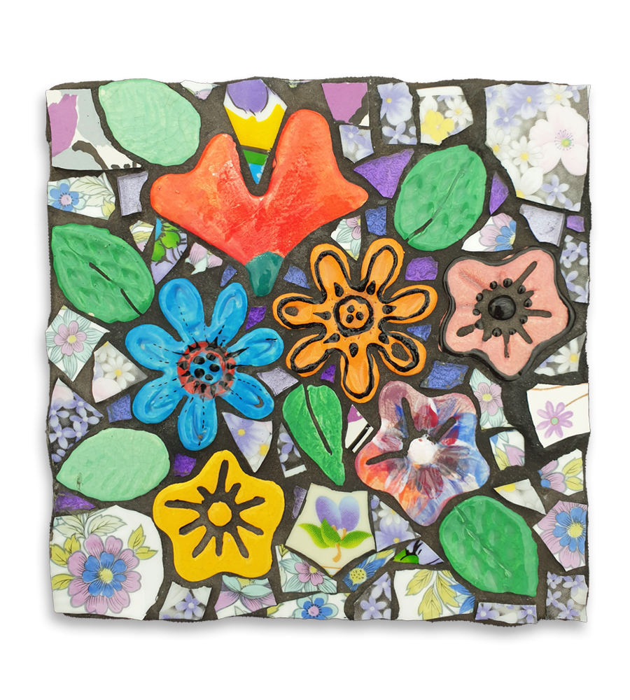 A mosaic depicting blue, yellow, pink and orange flower ceramic inserts.
