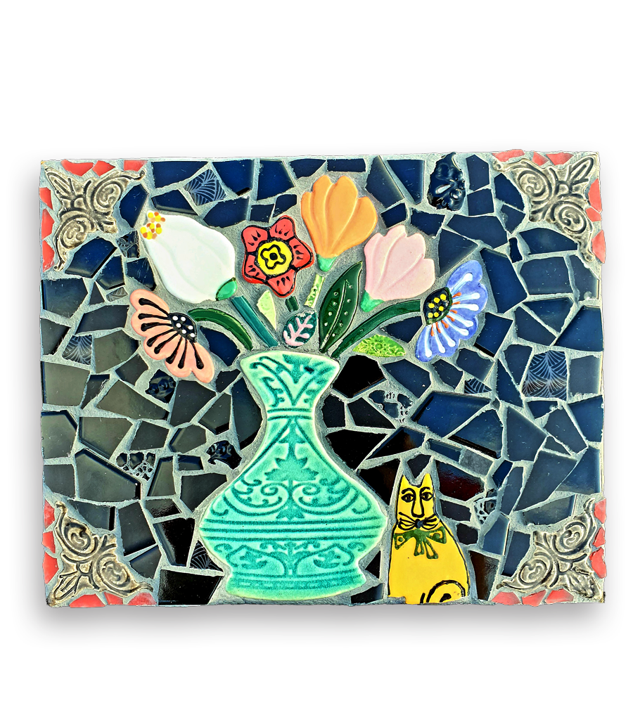 A mosaic depicting a green vase filled with flower ceramic inserts, with a small yellow cat.