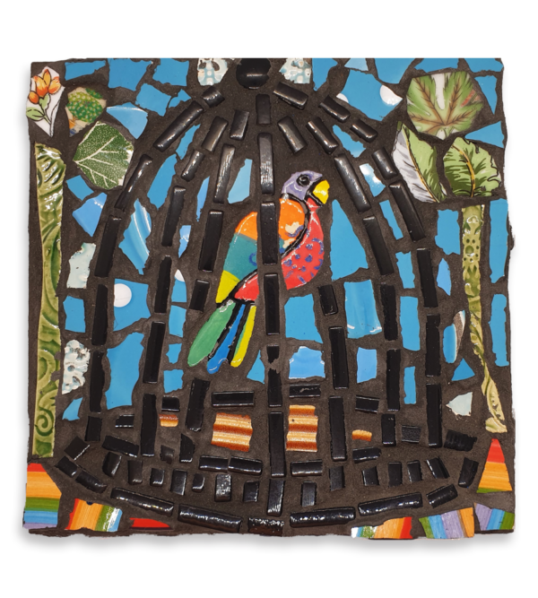 A mosaic showing a parrot in a cage.