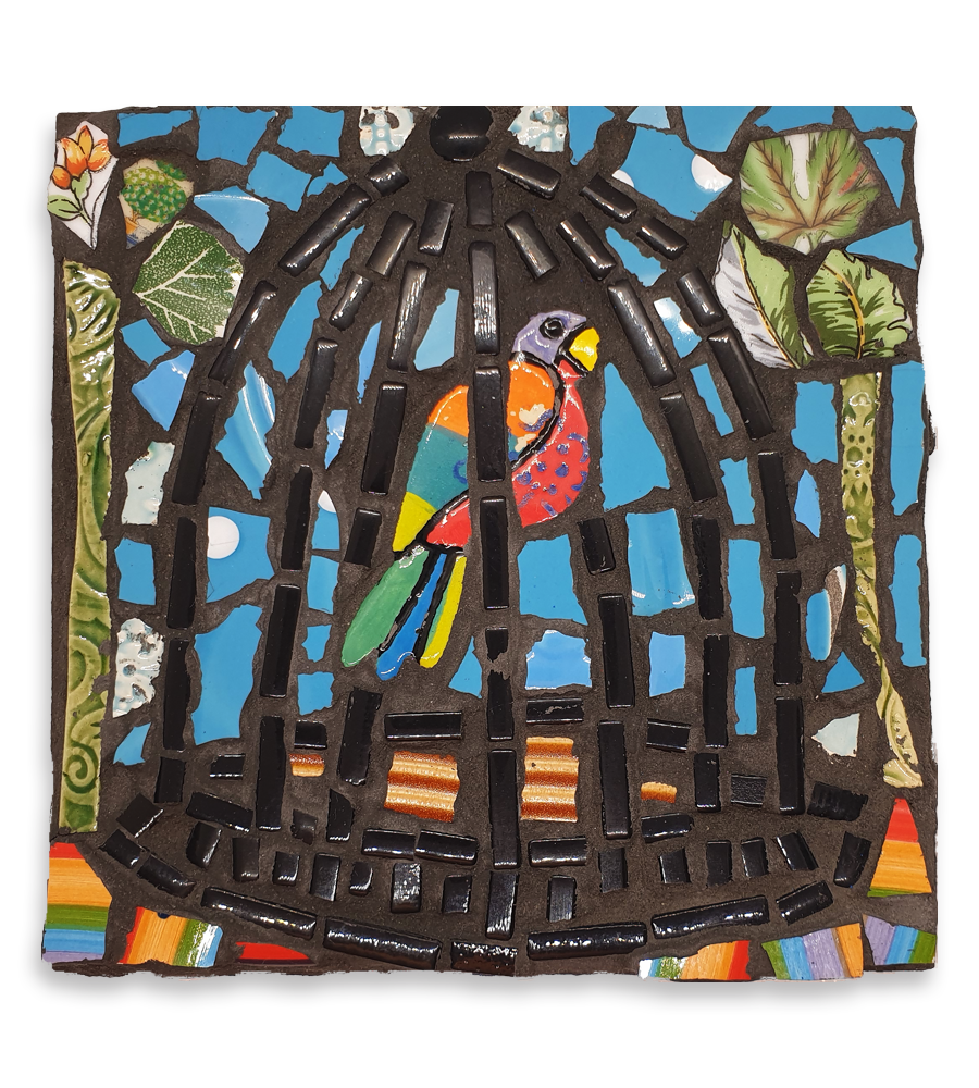 A mosaic showing a parrot in a cage.