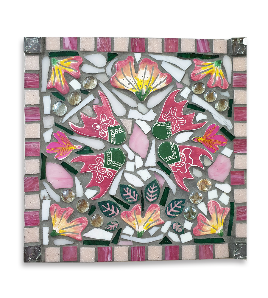 A floral mosaic showing pink bellflowers and beautiful pink and yellow petals.