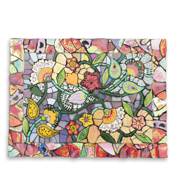 A mosaic showing a riot of multi-coloured spring flowers.