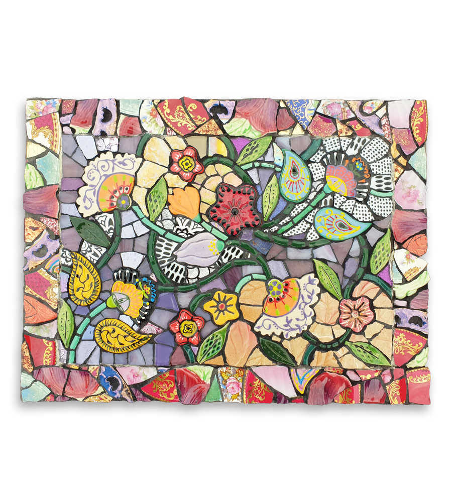 A mosaic showing a riot of multi-coloured spring flowers.