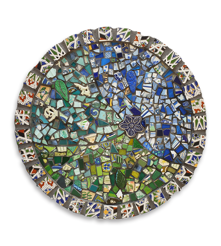 A round mosaic idea with one of our blue flower ceramic inserts.