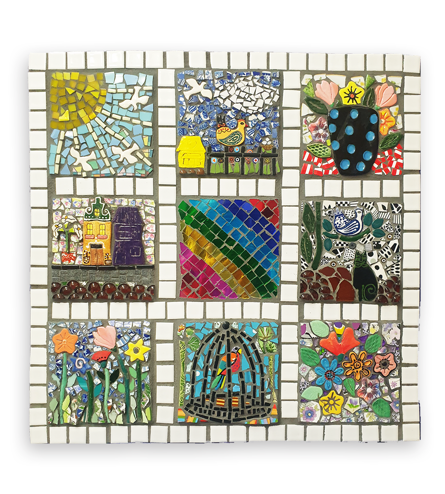 A fun mosaic idea using our ceramic inserts - a mosaic depicting several scenes within a white tile grid, including flower and animal ceramic inserts.