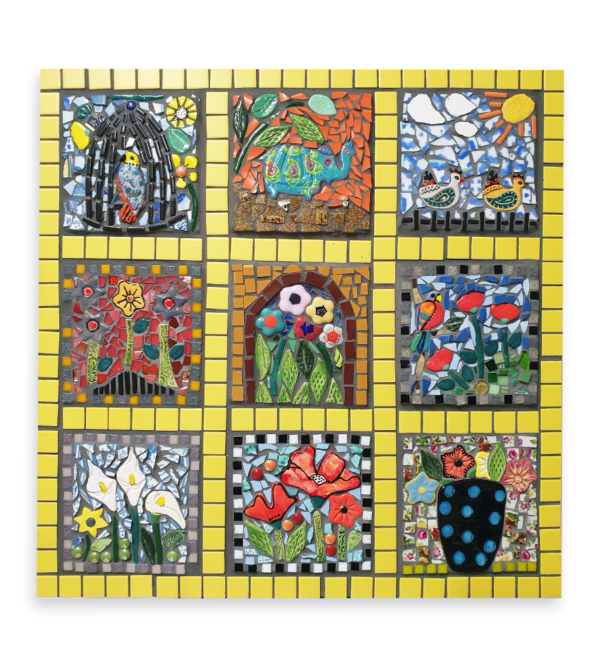 A mosaic depicting several scenes within a yellow tile grid, including flower and animal ceramic inserts.