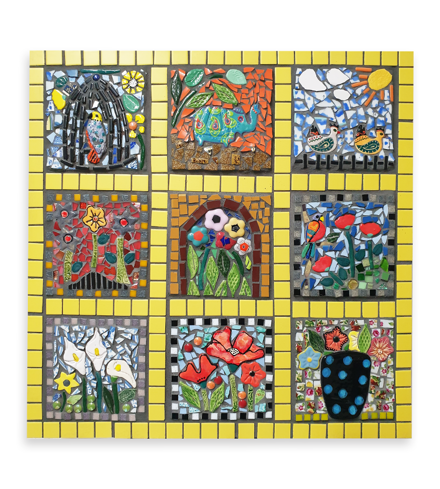 A mosaic depicting several scenes within a yellow tile grid, including flower and animal ceramic inserts.