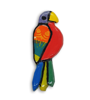 A hand-painted parrot ceramic mosaic insert with a purple head and a red chest.