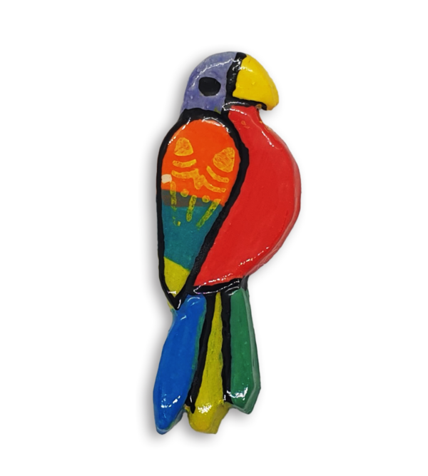 A hand-painted parrot ceramic mosaic insert with a purple head and a red chest.