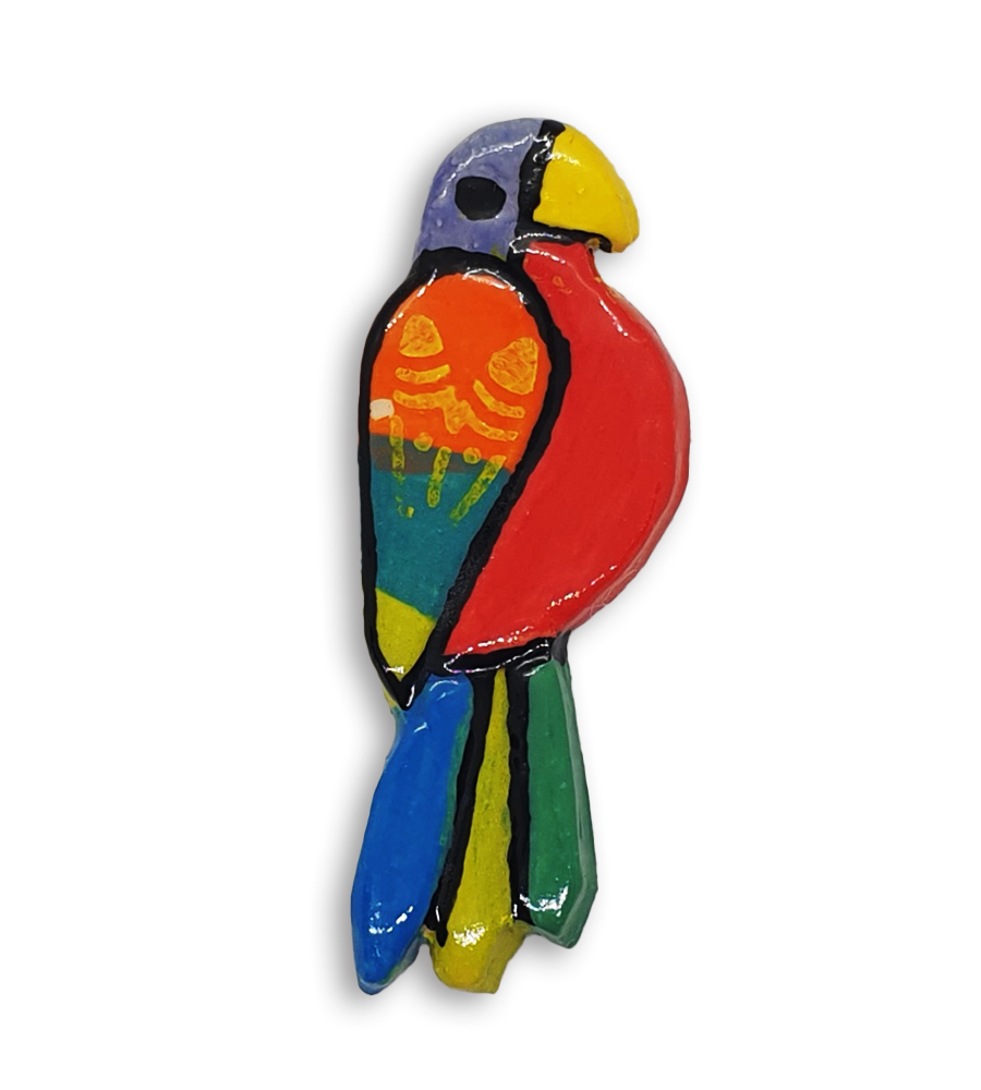 A hand-painted parrot ceramic mosaic insert with a purple head and a red chest.