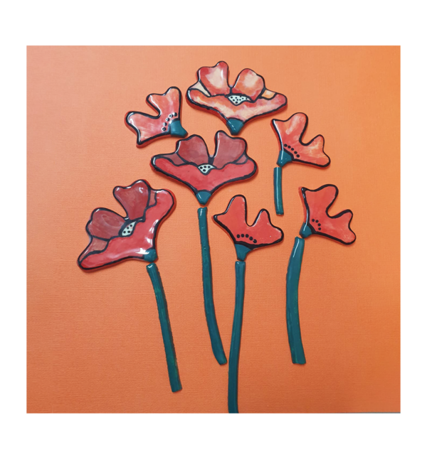 Red poppy ceramic flower inserts for mosaics