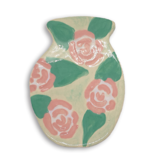 A hand-painted mint green vase ceramic mosaic insert with pink rose details.