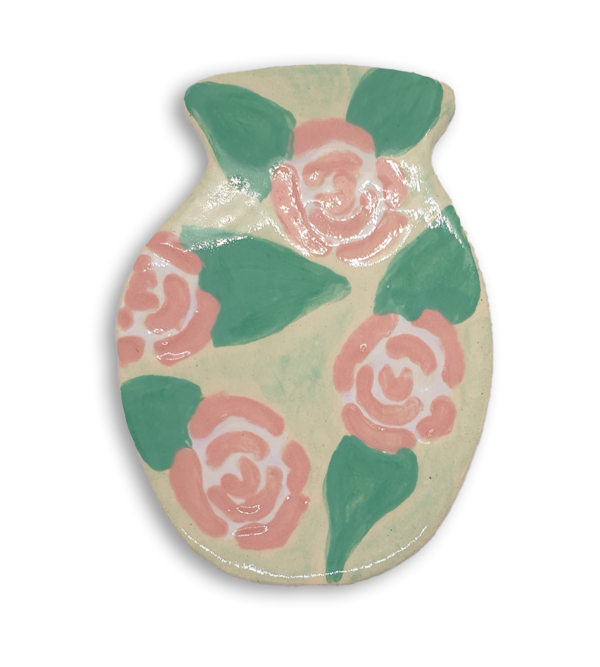 A hand-painted mint green vase ceramic mosaic insert with pink rose details.