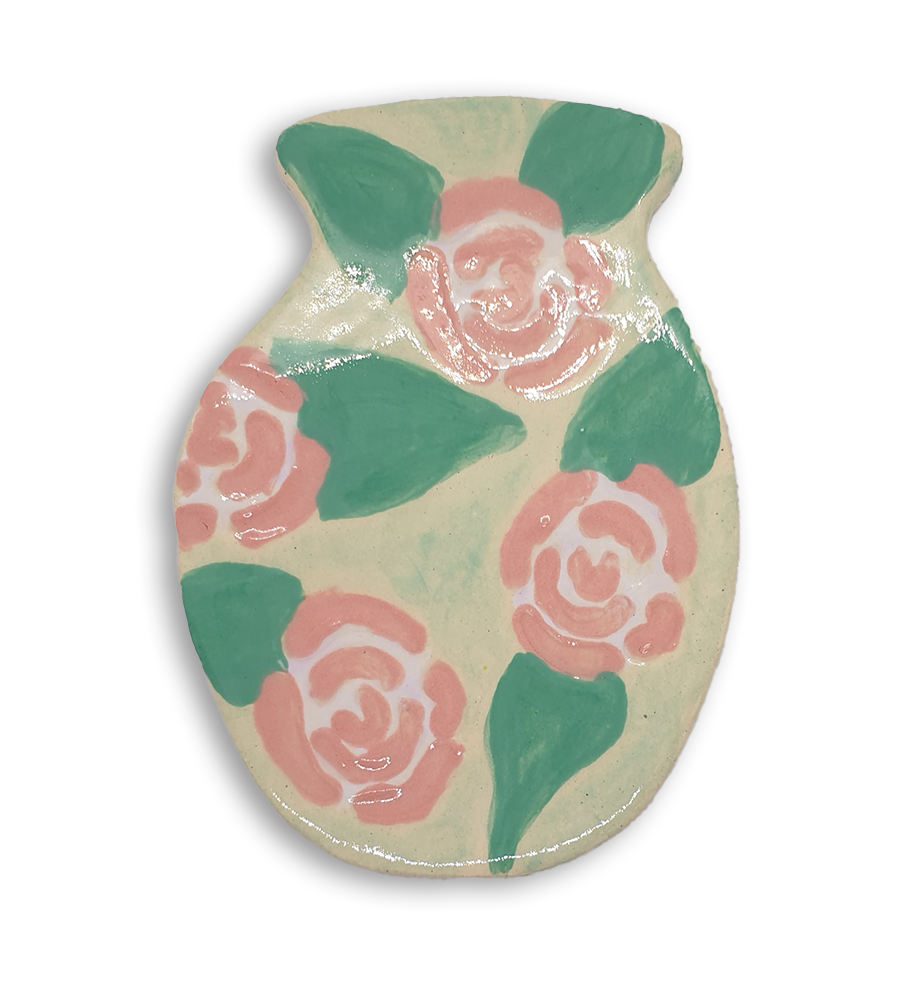 A hand-painted mint green vase ceramic mosaic insert with pink rose details.
