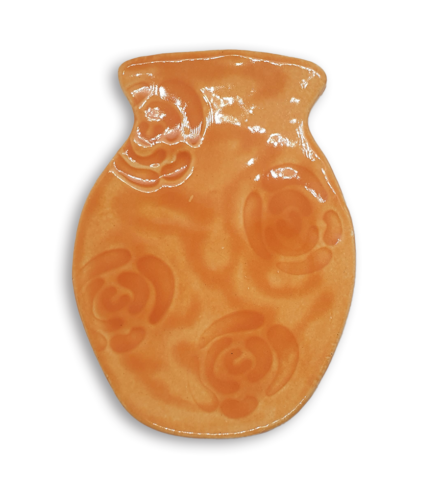A hand-painted orange vase ceramic mosaic insert with a rose texture.