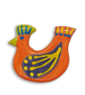 A hand-painted bright orange hen ceramic mosaic insert with purple wings.