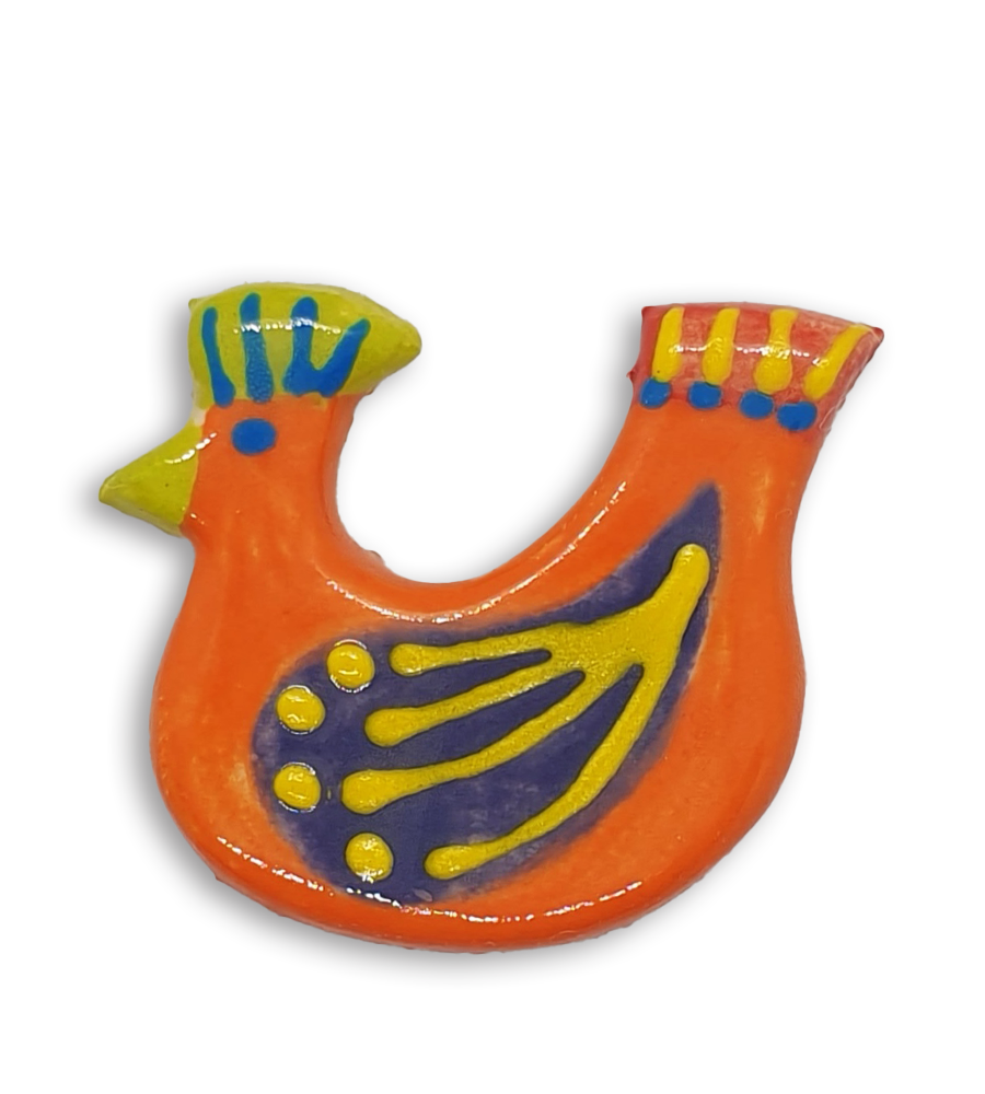 A hand-painted bright orange hen ceramic mosaic insert with purple wings.