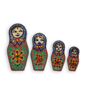 A set of four hand-painted Russian Doll ceramic mosaic inserts with green dresses and purple headscarves, and red edging.