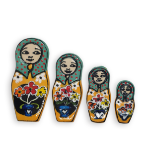 A set of four hand-painted Russian Doll ceramic mosaic inserts with yellow dresses and green headscarves spotted with red.